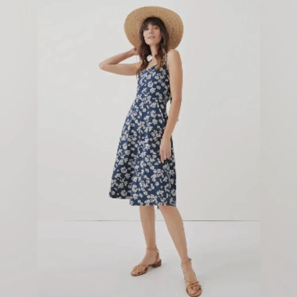 NWT Pact Size XL Organic Cotton French Navy Floral Tie Back Dress W Pockets - Picture 3 of 6